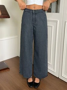 Rivivi Women's Fashion Striped Print Washed Denim Wide Leg Pants - Dark Grey - View 5