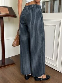 Rivivi Women's Fashion Striped Print Washed Denim Wide Leg Pants - Dark Grey - View 2