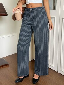 Rivivi Women's Fashion Striped Print Washed Denim Wide Leg Pants - Dark Grey - View 7