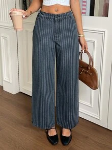 Rivivi Women's Fashion Striped Print Washed Denim Wide Leg Pants - Dark Grey - View 1