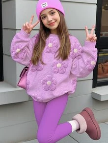Tween女孩休閒可愛紋理波點與花卉圖案紫色圓領衛衣＋鬆緊腰長褲套裝，適合秋冬，慵懶可愛舒適秋冬風格 - 彩色 - 查看 1