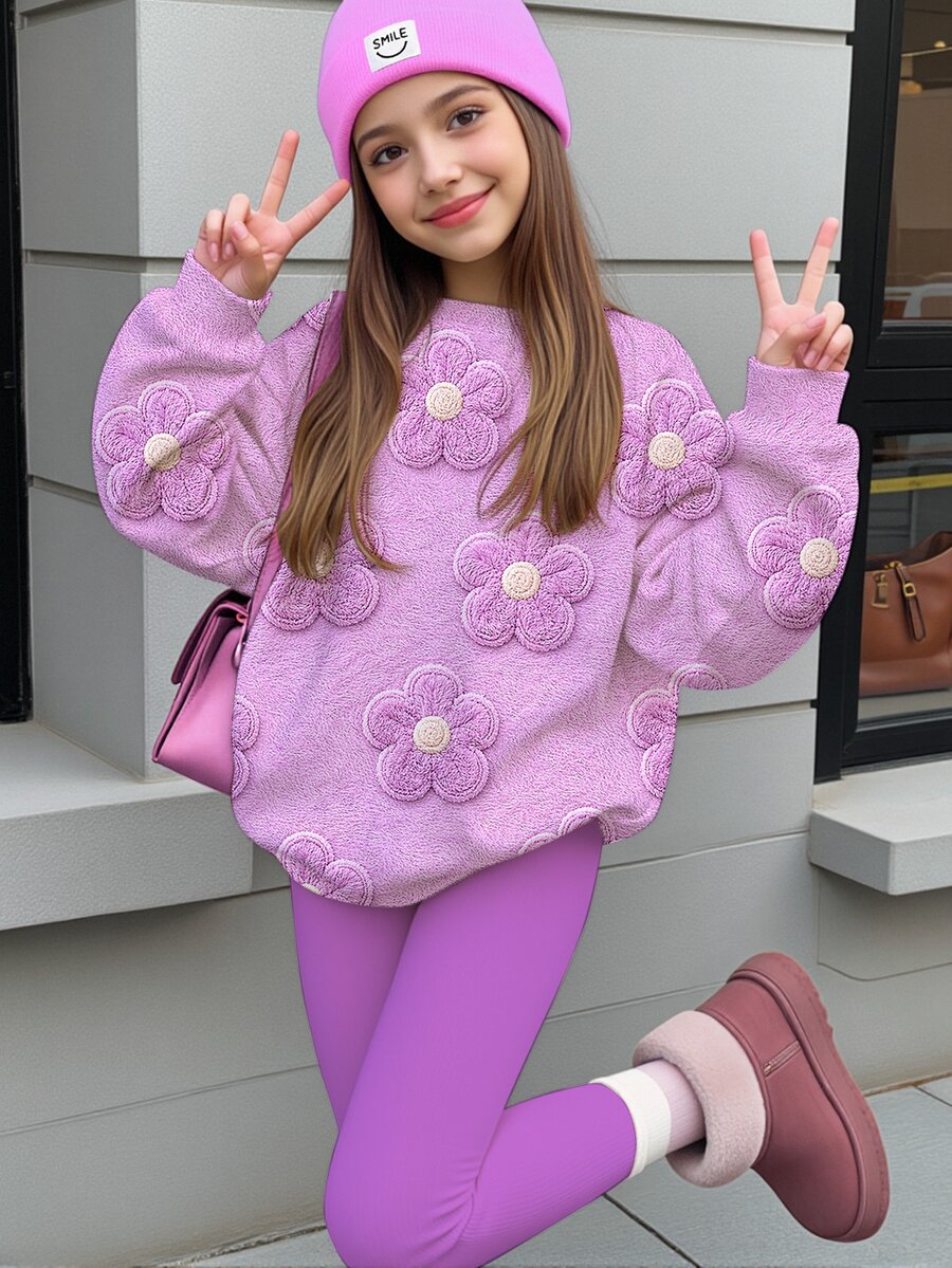 Tween女孩休閒可愛紋理波點與花卉圖案紫色圓領衛衣+鬆緊腰長褲套裝,適合秋冬,慵懶可愛舒適秋冬風格 - 彩色 - 查看 1