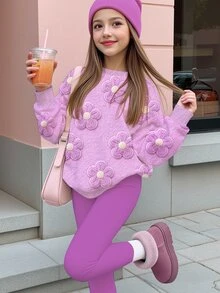 Tween女孩休閒可愛紋理波點與花卉圖案紫色圓領衛衣＋鬆緊腰長褲套裝，適合秋冬，慵懶可愛舒適秋冬風格 - 彩色 - 查看 3