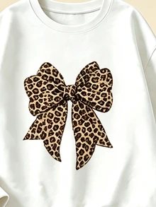 SHEIN Elladie kids 2件組女童套裝：秋季豹紋蝴蝶結圓領運動衫與藍色喇叭褲，休閒運動可愛秋季造型，女童校園穿搭 - 彩色 - 查看 5