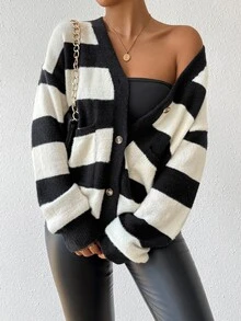 SHEIN 新款秋冬条纹仿貂绒女式开衫 - 黑與白 - 查看 7