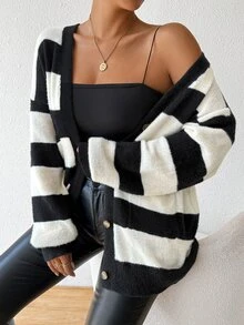 SHEIN 新款秋冬条纹仿貂绒女式开衫 - 黑與白 - 查看 6