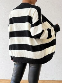 SHEIN 新款秋冬条纹仿貂绒女式开衫 - 黑與白 - 查看 2
