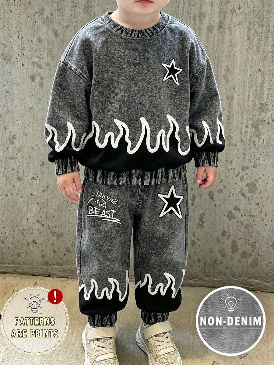 幼童男童丹寧印花火焰圖案衛衣與慢跑褲套裝,街頭風 2 件套服裝,含星星細節、字母印花、落肩套頭衫 - 彩色 - 查看 1