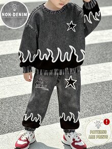 幼童男童丹寧印花火焰圖案衛衣與慢跑褲套裝，街頭風 2 件套服裝，含星星細節、字母印花、落肩套頭衫 - 彩色 - 查看 4