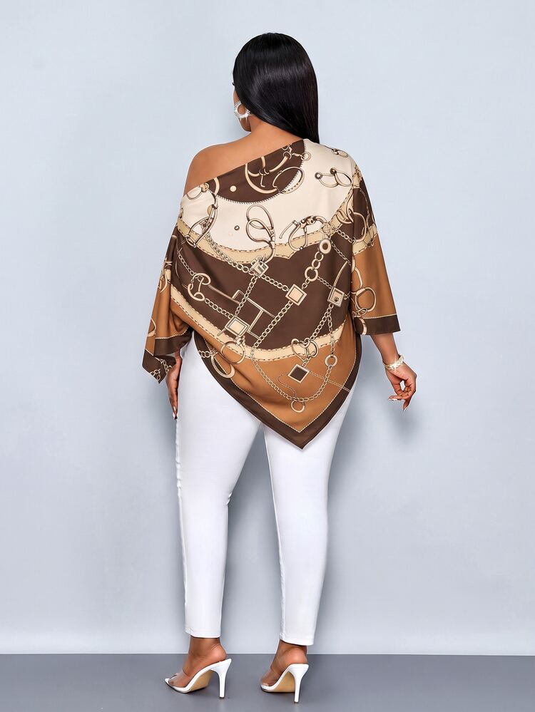 SOLERSUN Plus Size Women's Autumn/Winter Fashion Casual Elegant Old Money Style Asymmetrical Neck Asymmetrical Shoulder Blouse With Scarf Hem Loose Fit Geometric Positioned Print Brown Khaki Orange Multicolor Chain Contrast Print Suitable For Daily Wear Shopping Date Back To School Season - Brown - View 4