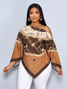 SOLERSUN 大尺碼女款秋冬時尚休閒優雅老錢風不對稱領不對稱肩圍巾下擺寬鬆版型幾何定位印花棕色卡其色橘色多色鏈條對比印花襯衫，適合日常穿著、購物、約會、返校季 - 棕色 - 查看 5