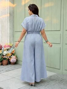 Vionelle 大尺碼女款優雅休閒深藍色襯衫領長版連身褲，適合夏季、商務、加勒比度假、機場與度假穿著 - 藍色 - 查看 3