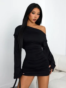 Vivamere 女款時尚純色不對稱領迷你洋裝，黑色開衩大腿長袖緊身洋裝，適合嬌小女性穿搭 - 黑色 - 查看 8