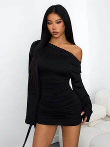 Vivamere 女款時尚純色不對稱領迷你洋裝，黑色開衩大腿長袖緊身洋裝，適合嬌小女性穿搭 - 黑色 - 查看 4