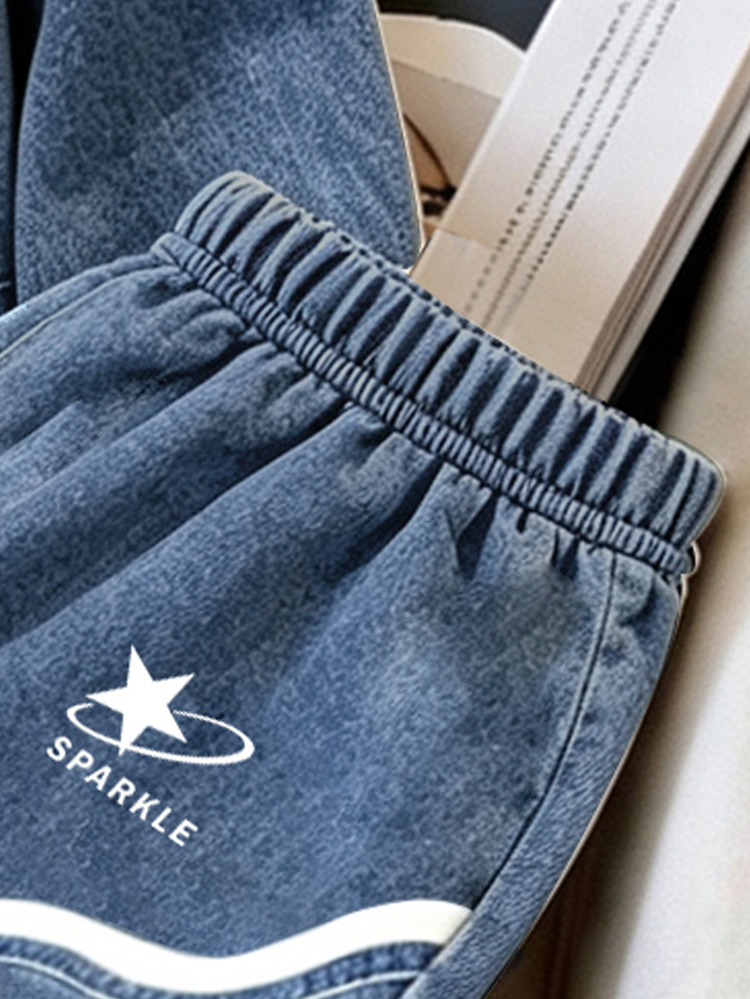 Conjunto de suéter de manga larga holgado con estampado de estrella y onda blanca en azul lavado para niños, estilo streetwear casual para otoño e invierno, tops y pantalones para la escuela - Multicolor - Añade 6