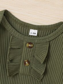 SHEIN Playful Pals 女嬰時尚極簡長袖荷葉邊連身衣與迷彩印花蝴蝶結裝飾休閒長褲套裝，春夏秋冬適用 - 軍綠色 - 查看 4