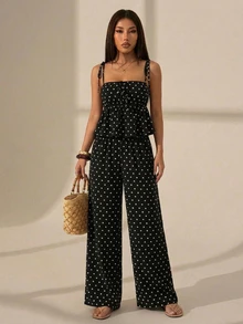 Vivamere 女款休閒波西米亞風熱帶黑白圓點印花細肩帶背心與長褲兩件套，適合夏季、情人節穿搭，小碼女款 - 黑色 - 查看 5