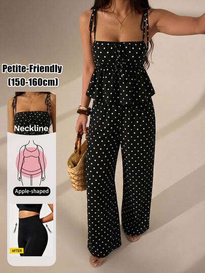 Vivamere Women's Casual Boho Tropical Black And White Polka Dot Print Camisole And Pants 2 Pieces Set, Cute For Summer, Valentine's Day Outfit Petite Beach