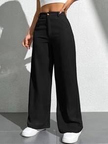 Vivamere Ladies' Solid Color Simple Everyday Casual Trousers ,Petite Women - Black - View 3