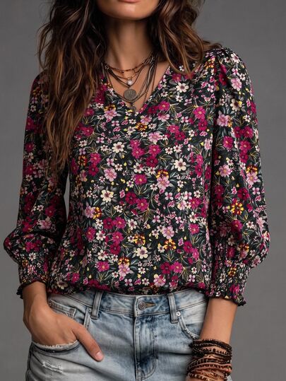 EMERY ROSE Women Floral Print Shirred Casual Long Sleeve Blouse