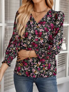 EMERY ROSE Women Floral Print Shirred Casual Long Sleeve Blouse - Multicolor - View 3