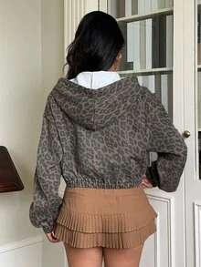 Rivivi Women's Casual Streetwear Fashion Hooded Zip-Up Leopard Print Washed Denim Jacket Holiday Daily Grey Leopard Print Autumn - Multicolor - View 2