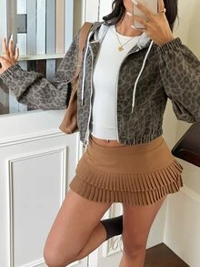 Rivivi Women's Casual Streetwear Fashion Hooded Zip-Up Leopard Print Washed Denim Jacket Holiday Daily Grey Leopard Print Autumn - Multicolor - View 4