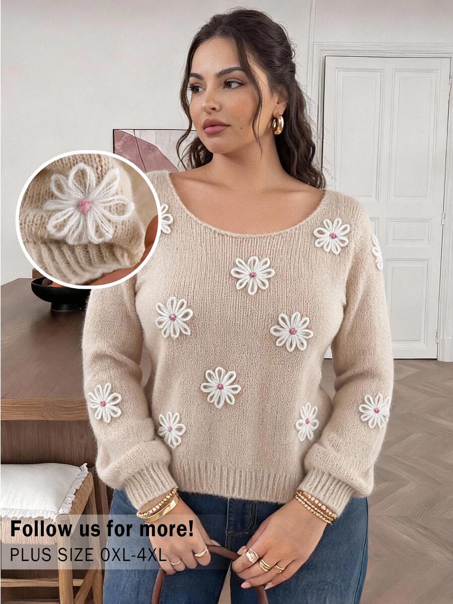 CosyJoli Plus Size Women's 3D Floral Decor Long Sleeve Pullover Sweater