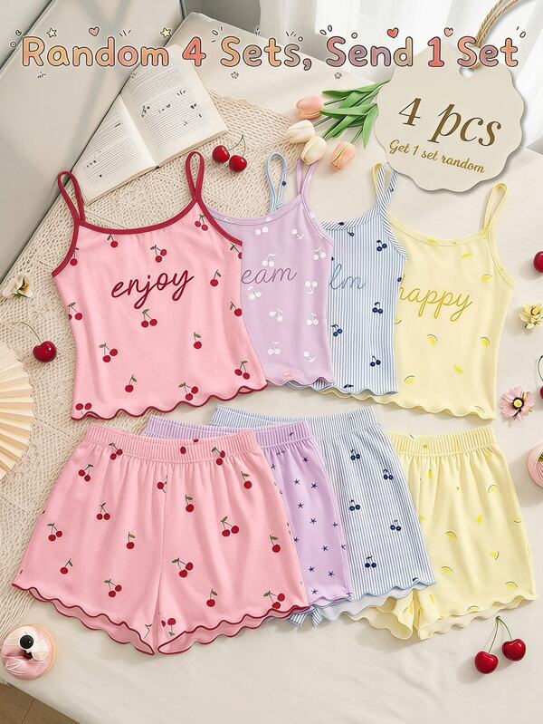 Teen Girl Casual Minimalist Fitted Vintage Cute Mini Cherry Cami Top And Shorts Set, Home Loungewear, Suitable For Summer Home Wear, Cami Set, Cami And Shorts Set, Easy Comfort, Chill Vibes
