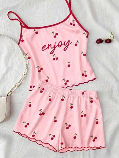 Teen Girl Casual Minimalist Fitted Vintage Cute Mini Cherry Cami Top And Shorts Set, Home Loungewear, Suitable For Summer Home Wear, Cami Set, Cami And Shorts Set, Easy Comfort, Chill Vibes
