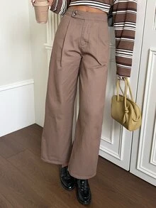 Rivivi 女款不對稱腰部雙鈕扣水洗牛仔直筒長褲 - 卡其色 - 查看 5