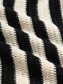 Nubod European & American Plus Size Black & White Contrast Striped Hollow Knit Cardigan, Round Neck Single Button Loose Long Sleeve Sun Protection Outerwear - Black and White - View 4