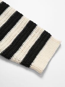 Nubod European & American Plus Size Black & White Contrast Striped Hollow Knit Cardigan, Round Neck Single Button Loose Long Sleeve Sun Protection Outerwear - Black and White - View 6