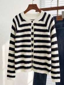 Nubod European & American Plus Size Black & White Contrast Striped Hollow Knit Cardigan, Round Neck Single Button Loose Long Sleeve Sun Protection Outerwear - Black and White - View 8