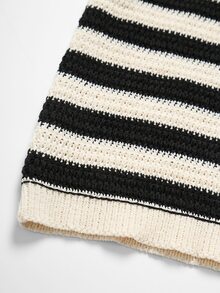 Nubod European & American Plus Size Black & White Contrast Striped Hollow Knit Cardigan, Round Neck Single Button Loose Long Sleeve Sun Protection Outerwear - Black and White - View 5