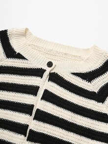 Nubod European & American Plus Size Black & White Contrast Striped Hollow Knit Cardigan, Round Neck Single Button Loose Long Sleeve Sun Protection Outerwear - Black and White - View 7