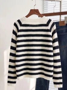 Nubod European & American Plus Size Black & White Contrast Striped Hollow Knit Cardigan, Round Neck Single Button Loose Long Sleeve Sun Protection Outerwear - Black and White - View 2