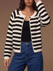 Nubod European & American Plus Size Black & White Contrast Striped Hollow Knit Cardigan, Round Neck Single Button Loose Long Sleeve Sun Protection Outerwear - Black and White - View 3