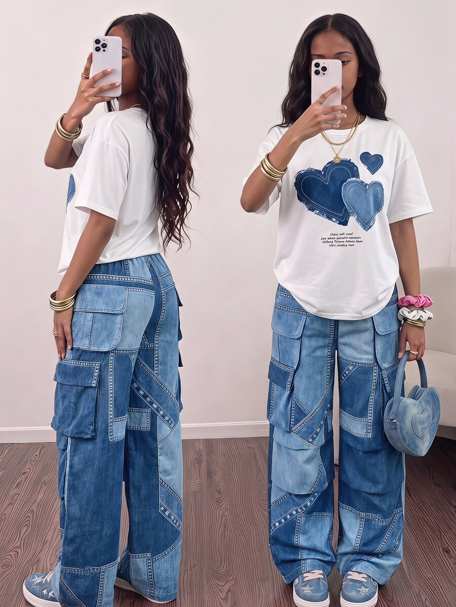 SHEIN Sparklyn 少女心形圖案印花圓領短袖T恤與仿牛仔印花寬鬆長褲套裝 - 藍白色 - 查看 1