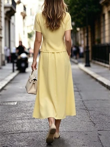 SHEIN Setelan 2 Potong Wanita Elegan dengan Hiasan Kancing Logam, Atasan Lengan Pendek dan Rok Kasual - Kuning - View 2