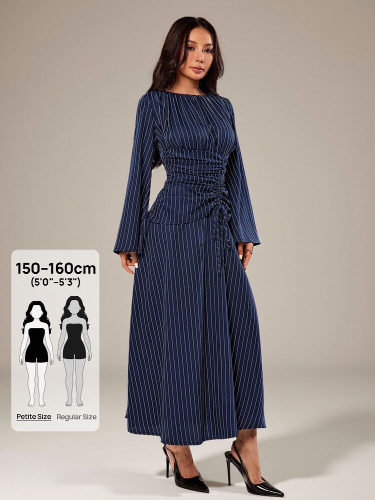 SHEIN PETITE Women's Navy Blue And White Minimalist Mature Long Sleeve Dress, Casual Everyday Wear Autumn,Dresses For Women Elegant Teachers' Day Dinner Office