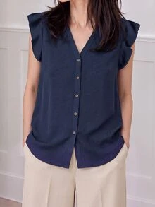 Yumoku 女士休闲纯色衬衫，适合夏季穿着，藏蓝色 - 藏蓝色 - 查看 5
