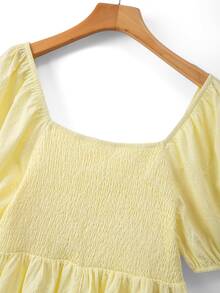 GlowEve CURVE Plus Size Women's Square Neck Puff Sleeve Cinched Waist Ruffle Jacquard Elegant Blouse, Spring/Summer - Light Yellow - View 10