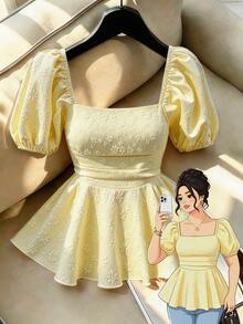 GlowEve CURVE Plus Size Women's Square Neck Puff Sleeve Cinched Waist Ruffle Jacquard Elegant Blouse, Spring/Summer - Light Yellow - View 6
