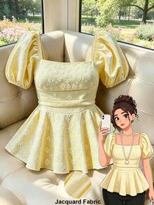 GlowEve CURVE Plus Size Women's Square Neck Puff Sleeve Cinched Waist Ruffle Jacquard Elegant Blouse, Spring/Summer - Light Yellow - View 5