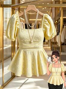 GlowEve CURVE Plus Size Women's Square Neck Puff Sleeve Cinched Waist Ruffle Jacquard Elegant Blouse, Spring/Summer - Light Yellow - View 1