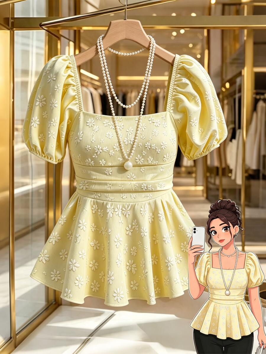 GlowEve CURVE Plus Size Women's Square Neck Puff Sleeve Cinched Waist Ruffle Jacquard Elegant Blouse, Spring/Summer - Light Yellow - View 1