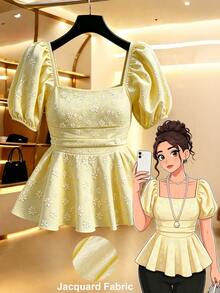 GlowEve CURVE Plus Size Women's Square Neck Puff Sleeve Cinched Waist Ruffle Jacquard Elegant Blouse, Spring/Summer - Light Yellow - View 3