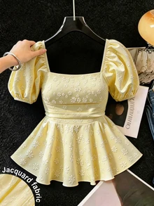 GlowEve CURVE Plus Size Women's Square Neck Puff Sleeve Cinched Waist Ruffle Jacquard Elegant Blouse, Spring/Summer - Light Yellow - View 4