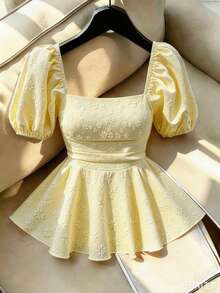 GlowEve CURVE Plus Size Women's Square Neck Puff Sleeve Cinched Waist Ruffle Jacquard Elegant Blouse, Spring/Summer - Light Yellow - View 7